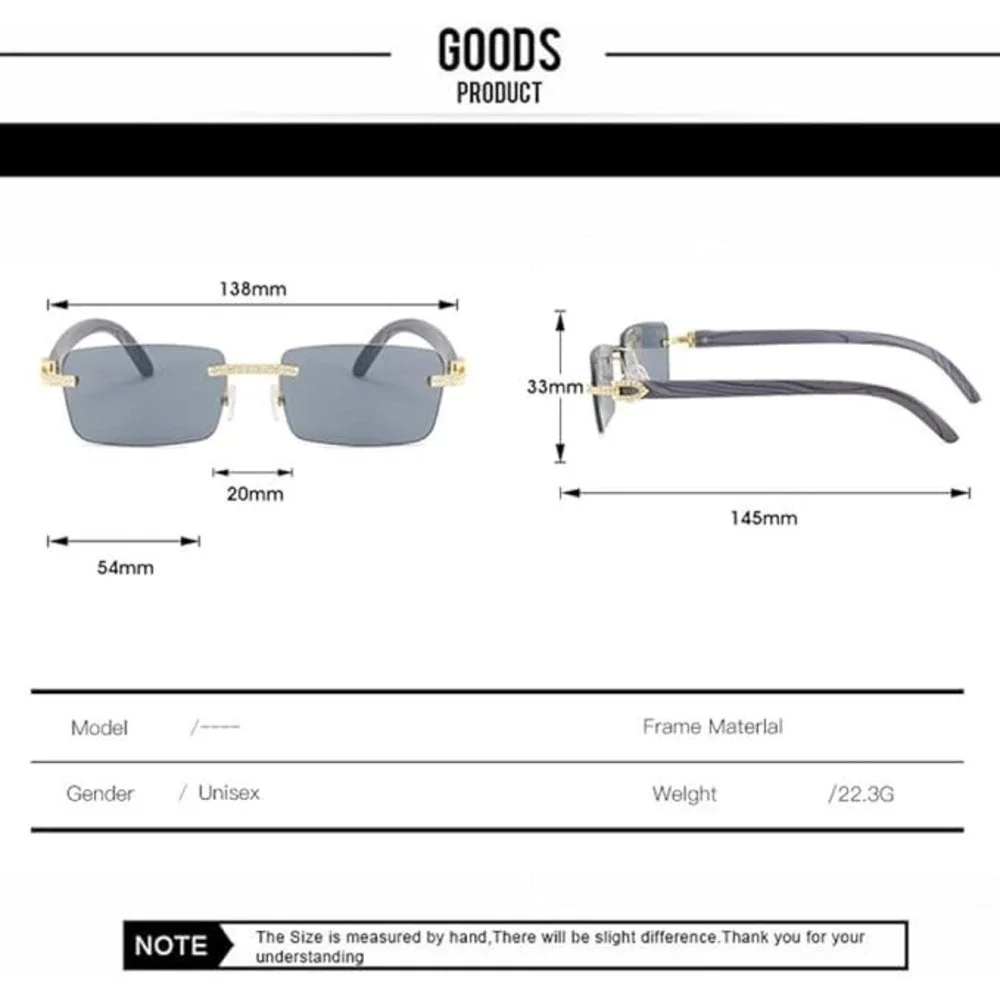 Rhinestone Rimless Sunglasses Men's Luxury Designer Fashion Shades Cholo Black‎